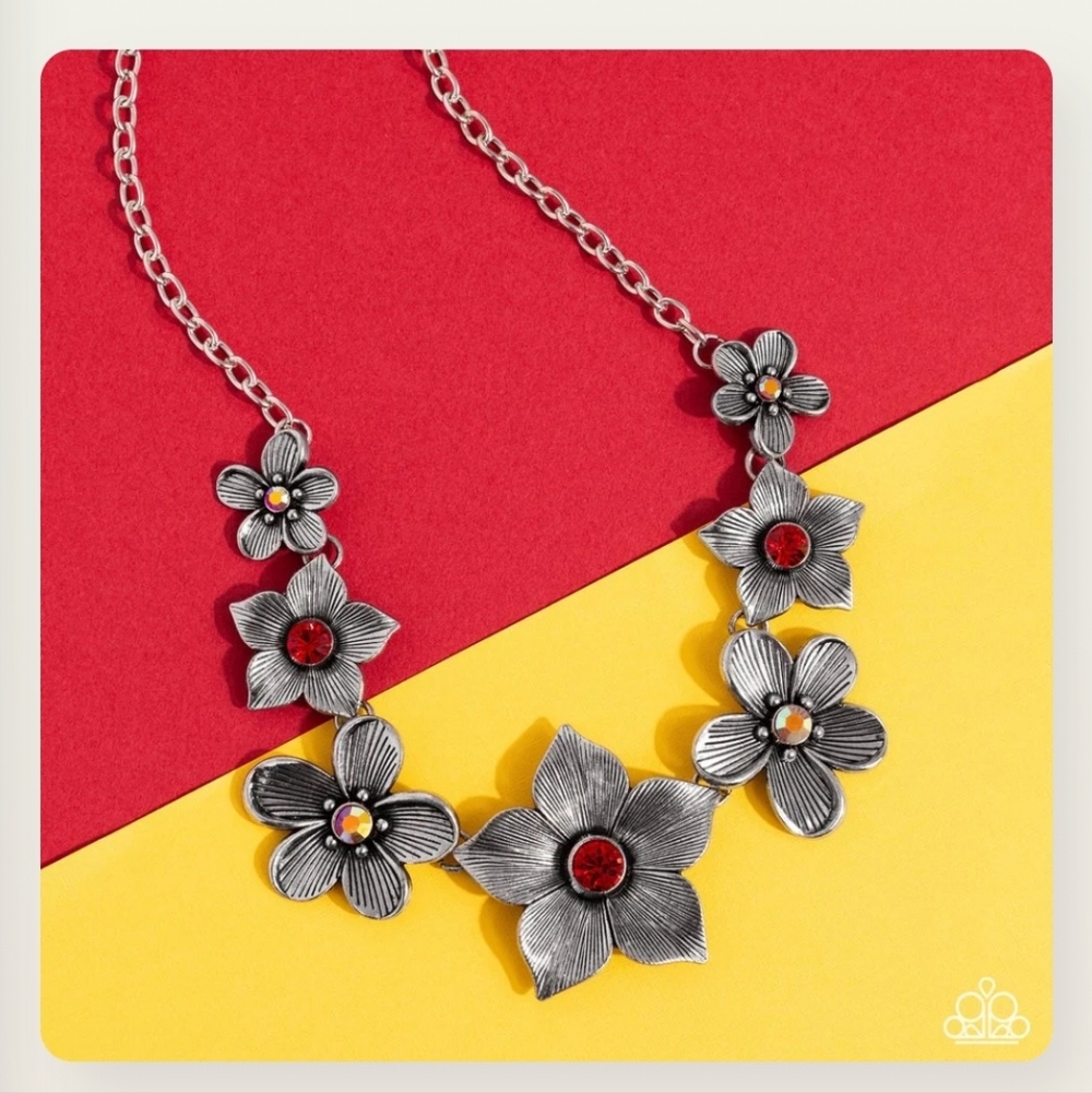 Silver Necklace with Red Free Floral Accents